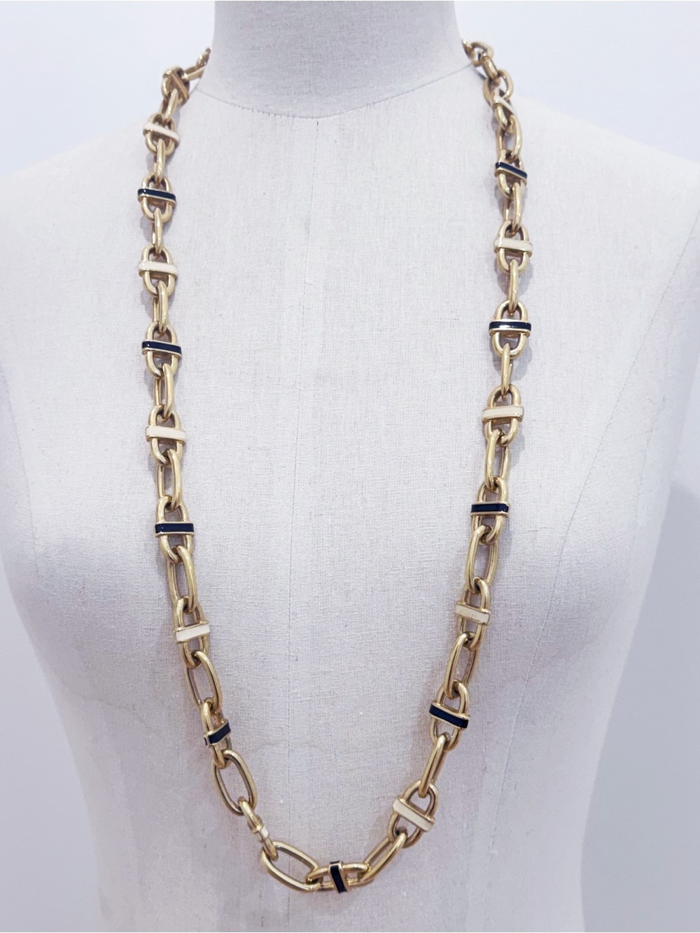 Gold tone black & white enamel nautical link long layering necklace
